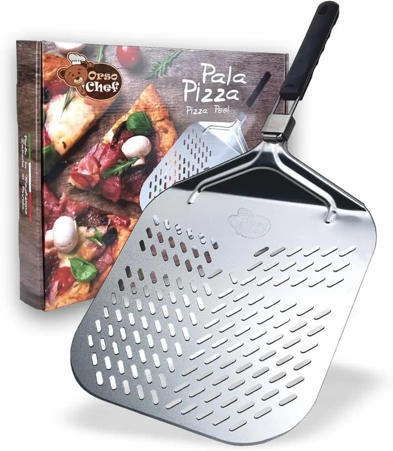 Pelle à pizza en aluminium 32 x 32 cm avec poignée rabattable, perçage professionnel pour une cuisson parfaite, jusqu